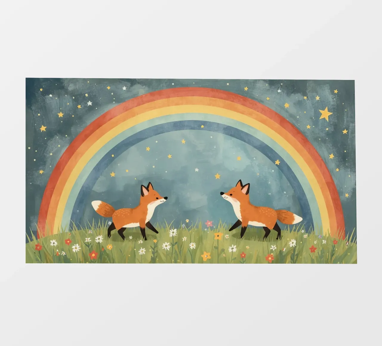 Due volpi felici e carine sotto l'arcobaleno e le stelle pellicola backlit da DesignDoodle