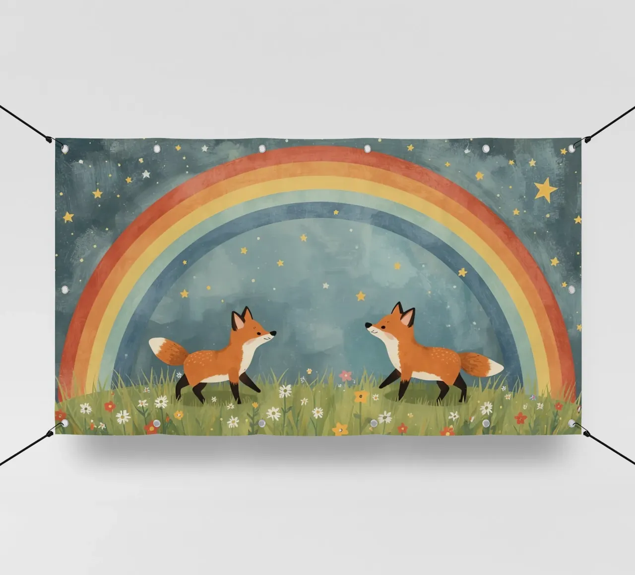 Due volpi felici e carine sotto l'arcobaleno e le stelle telo in pvc da DesignDoodle
