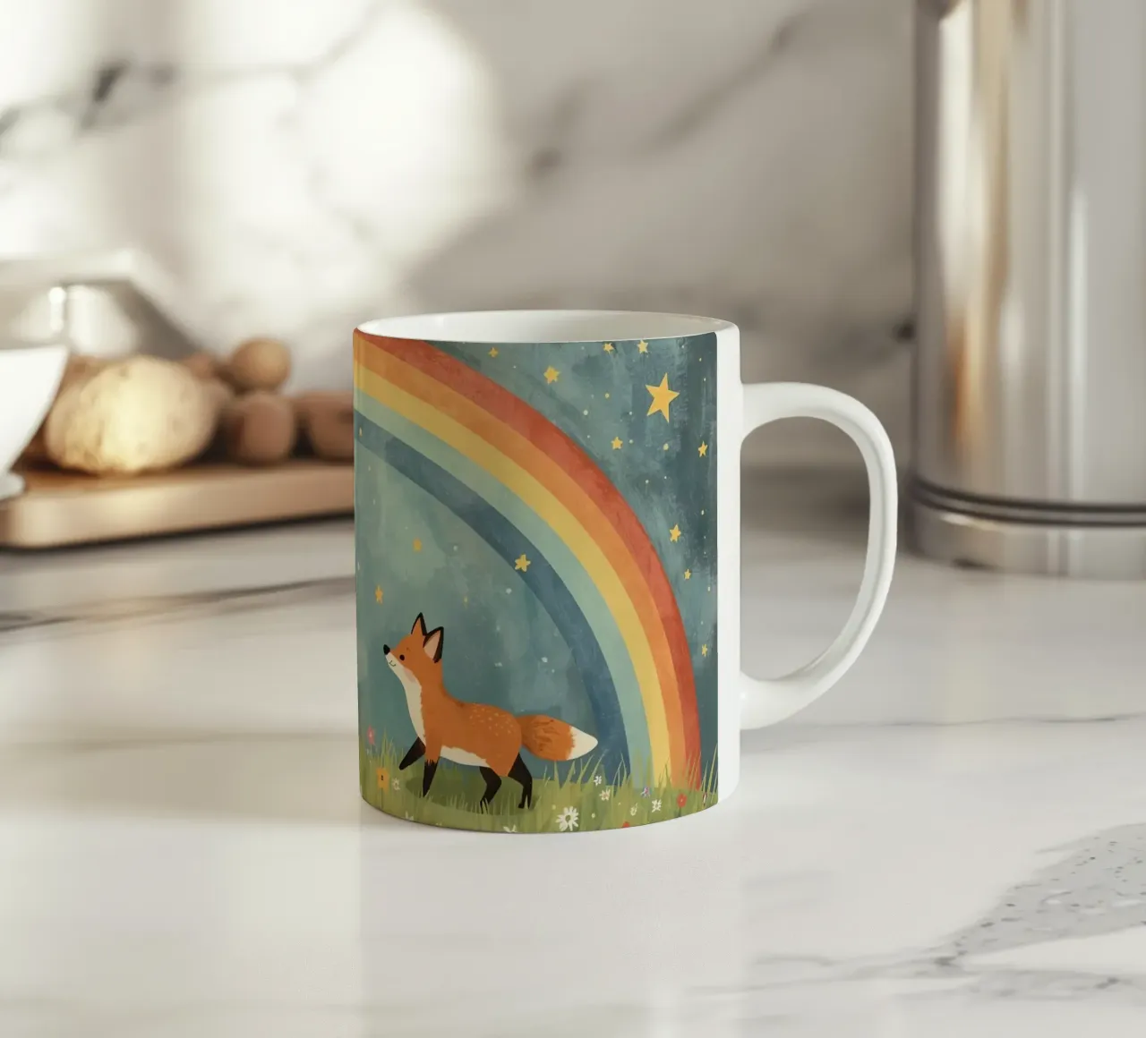 Due volpi felici e carine sotto l'arcobaleno e le stelle tazza in ceramica da DesignDoodle