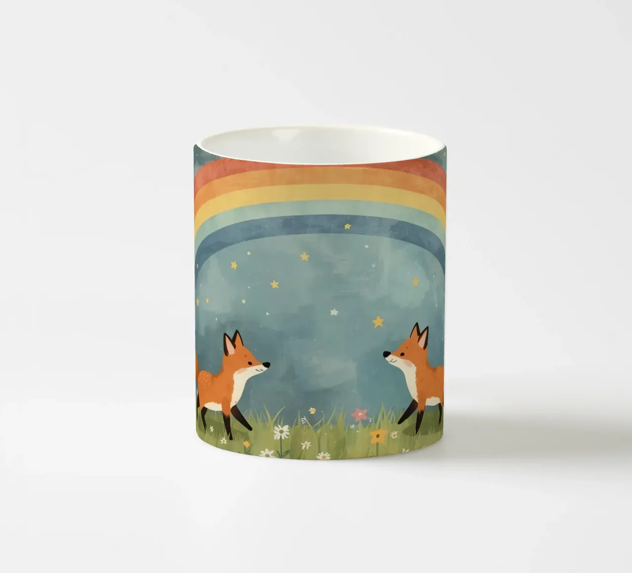 Due volpi felici e carine sotto l'arcobaleno e le stelle tazza in ceramica da DesignDoodle