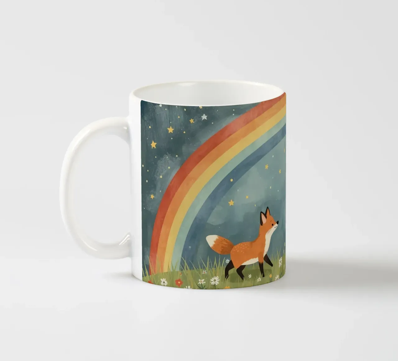 Due volpi felici e carine sotto l'arcobaleno e le stelle tazza in ceramica da DesignDoodle
