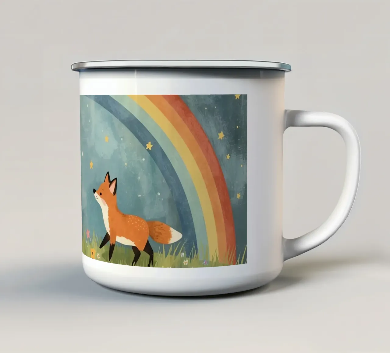 Due volpi felici e carine sotto l'arcobaleno e le stelle tazza in smalto da DesignDoodle