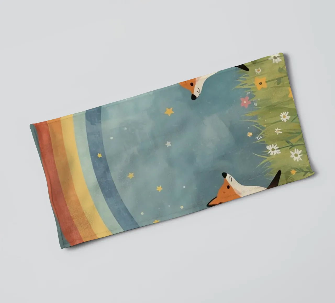 Niedliche glückliche zwei Füchse unter Regenbogen und Sternen Handtuch von DesignDoodle
