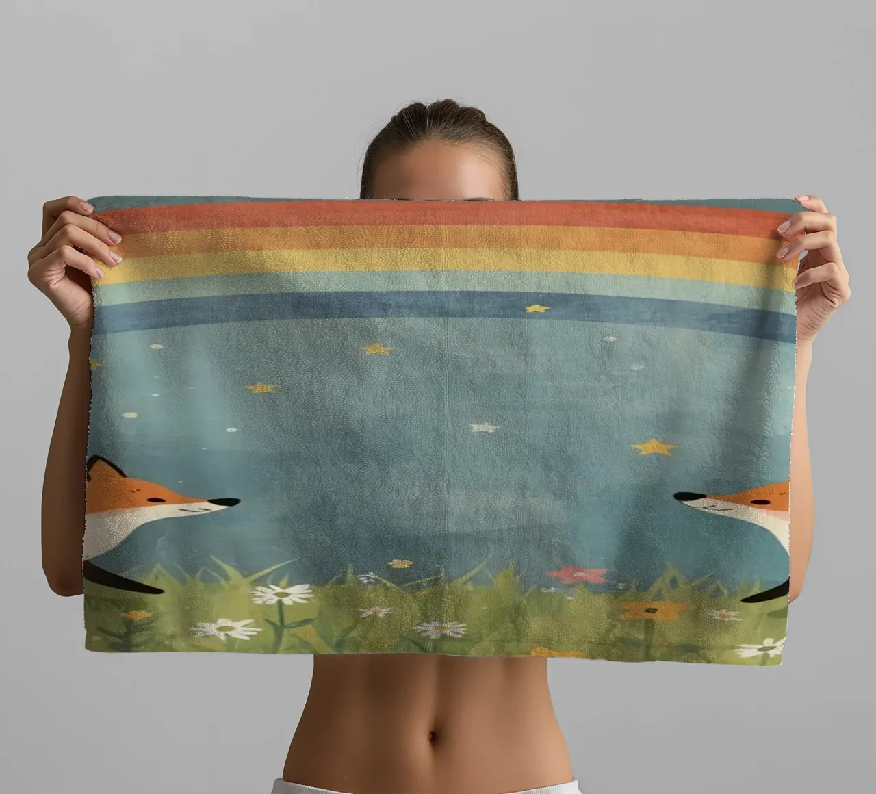 Niedliche glückliche zwei Füchse unter Regenbogen und Sternen Handtuch von DesignDoodle
