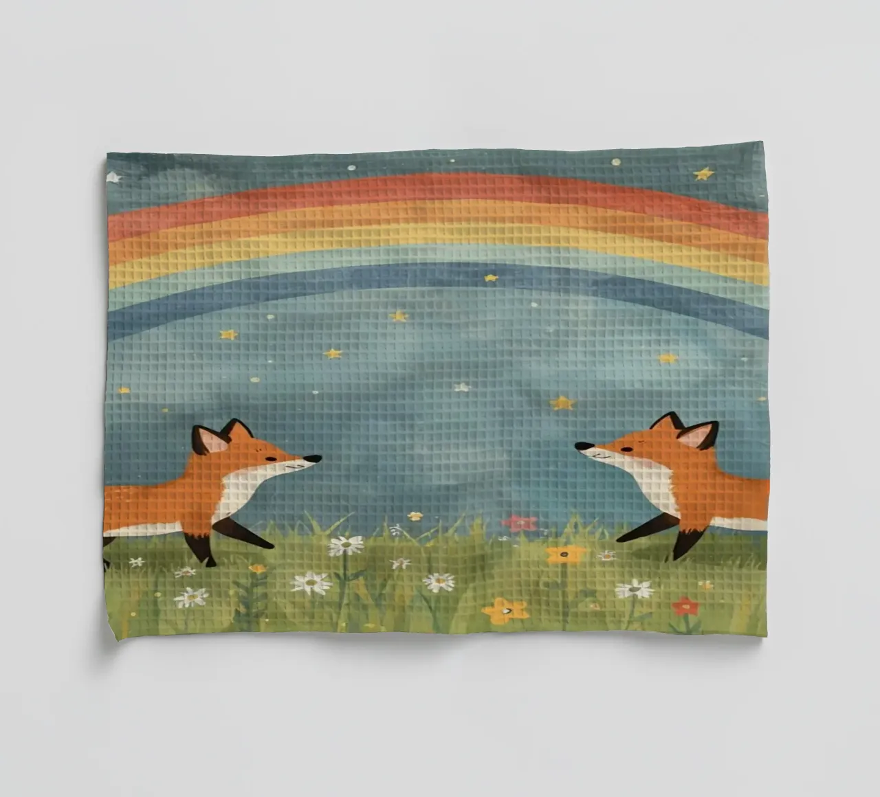 Mignons deux renards heureux sous l'arc-en-ciel et les étoiles torchon de DesignDoodle