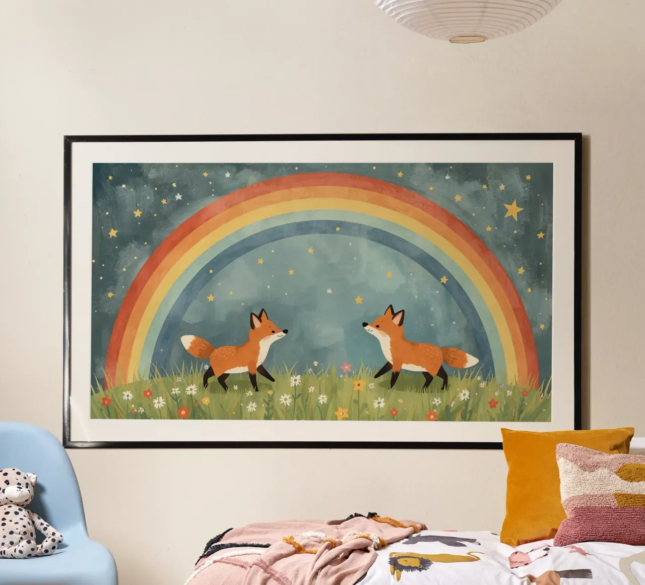 Niedliche glückliche zwei Füchse unter Regenbogen und Sternen Hahnemühle von DesignDoodle