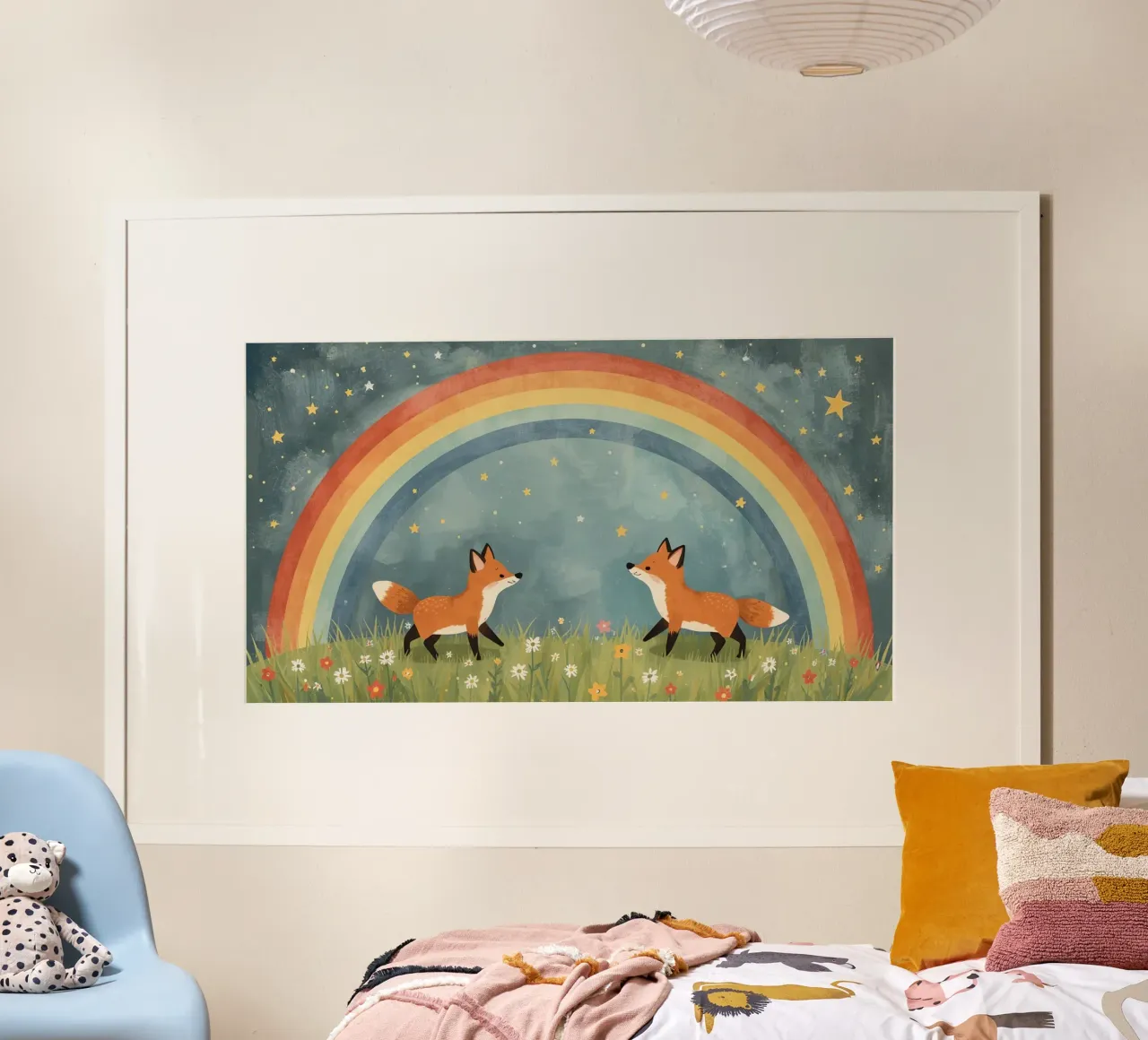 Niedliche glückliche zwei Füchse unter Regenbogen und Sternen Hahnemühle von DesignDoodle
