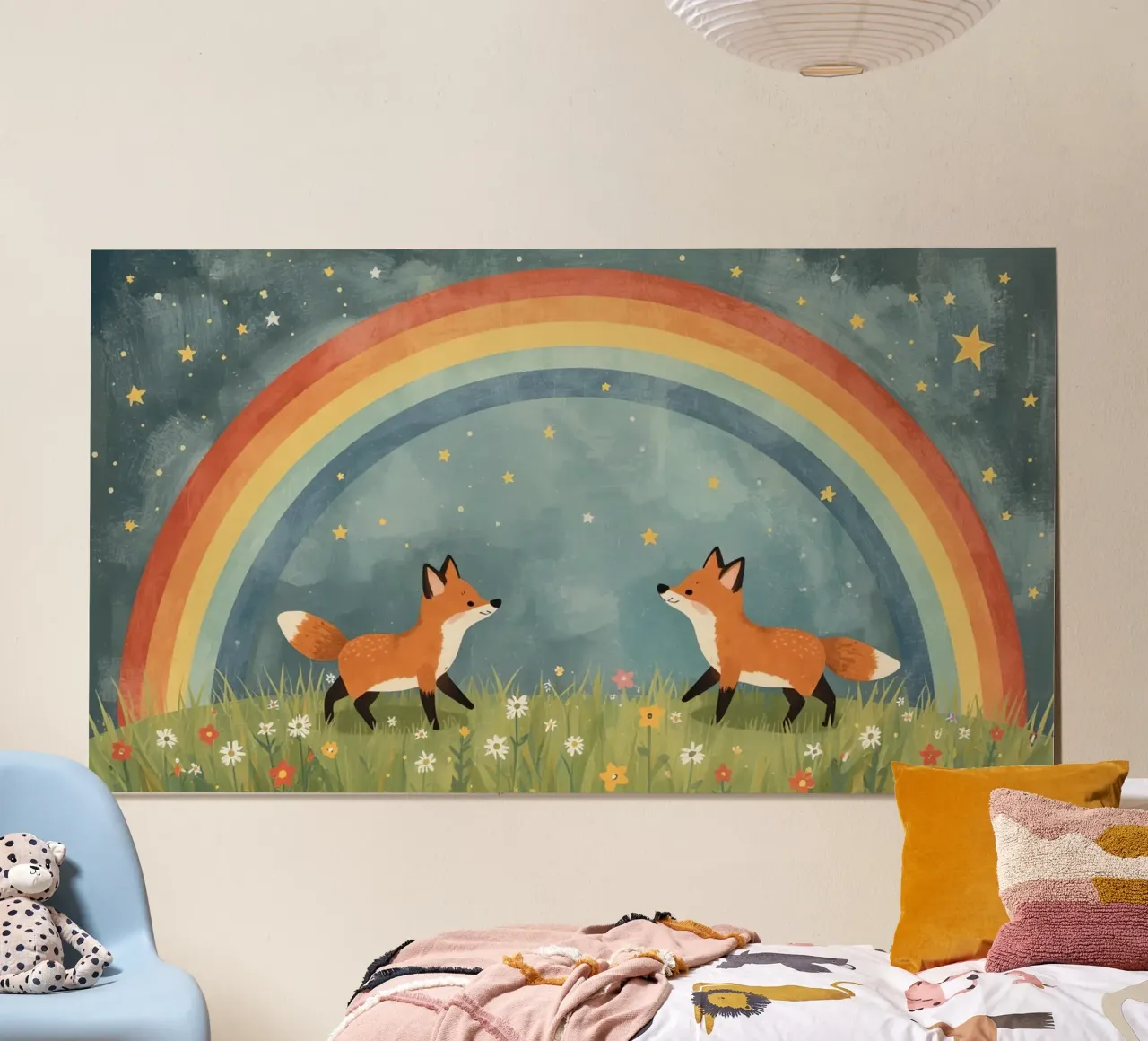 Niedliche glückliche zwei Füchse unter Regenbogen und Sternen Hahnemühle von DesignDoodle