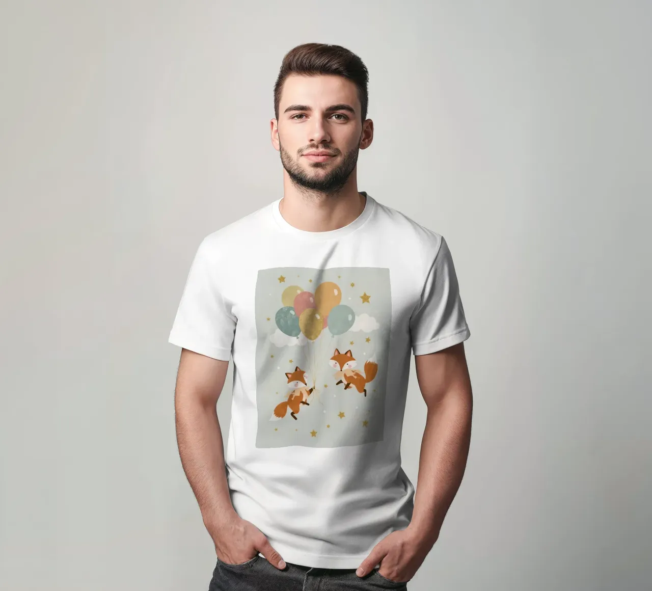 Due simpatiche volpi che giocano con i palloncini nel cielo t-shirt da DesignDoodle