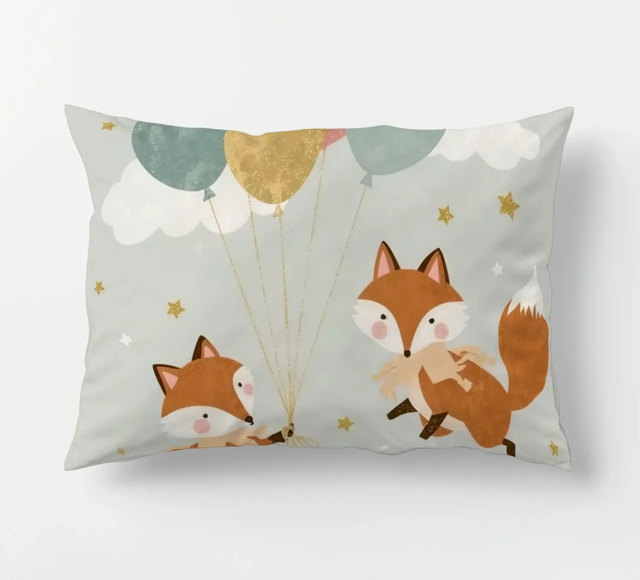 Due simpatiche volpi che giocano con i palloncini nel cielo cuscino da DesignDoodle