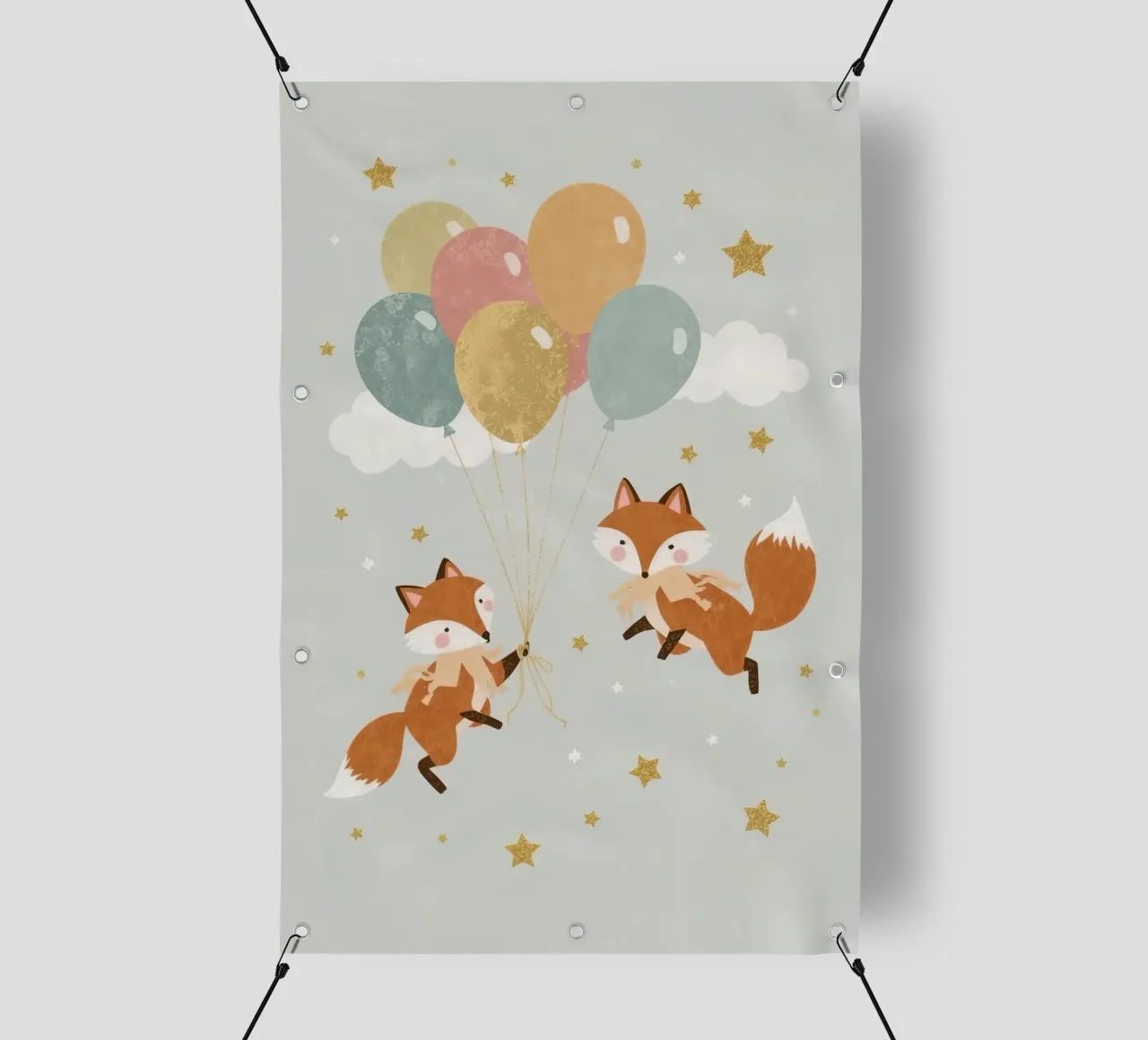 Due simpatiche volpi che giocano con i palloncini nel cielo telo in pvc da DesignDoodle