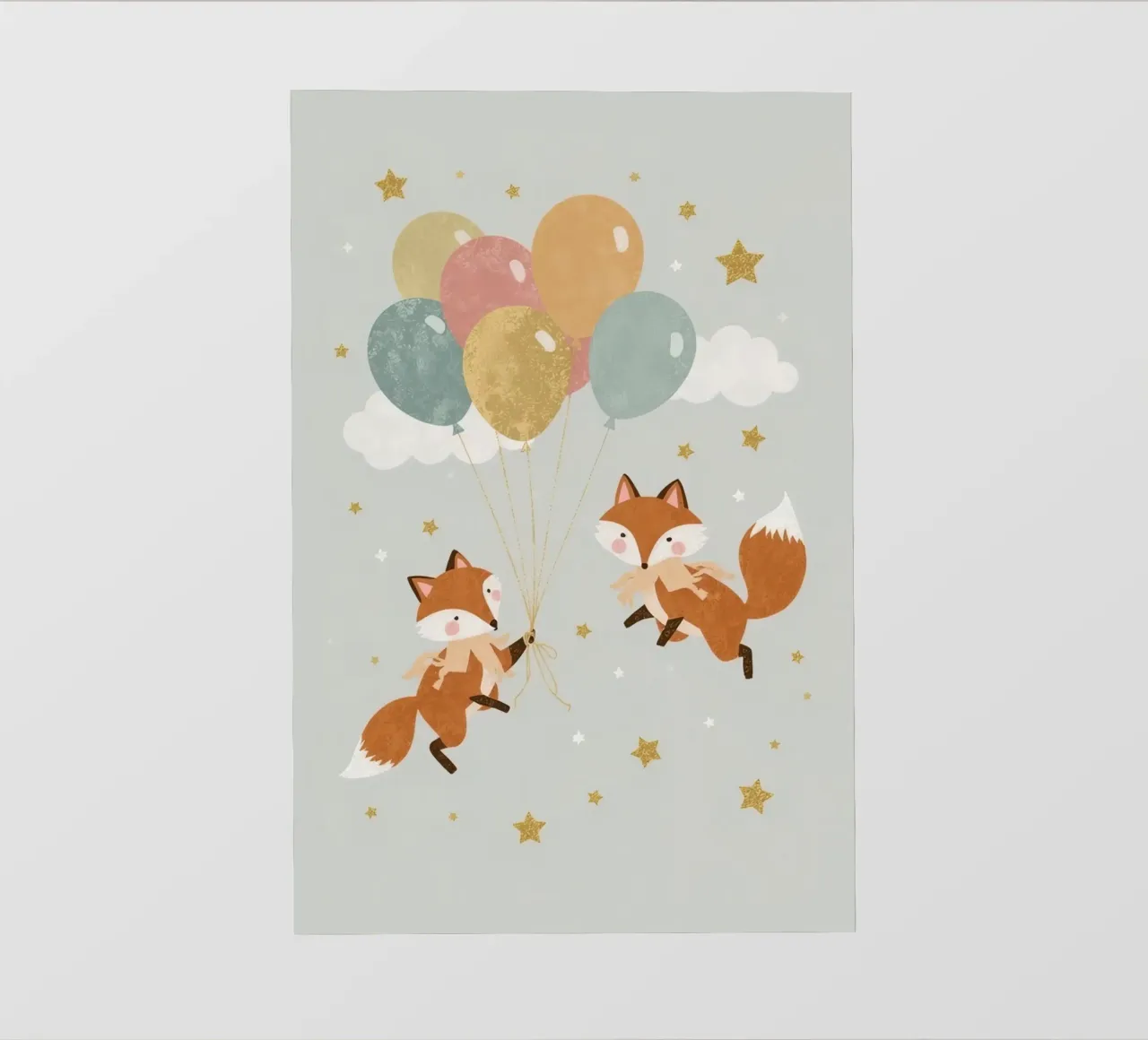 Due simpatiche volpi che giocano con i palloncini nel cielo telo in pvc da DesignDoodle