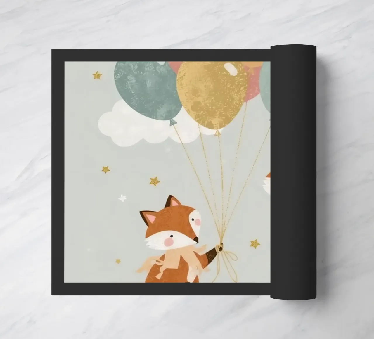 Due simpatiche volpi che giocano con i palloncini nel cielo zerbino da DesignDoodle