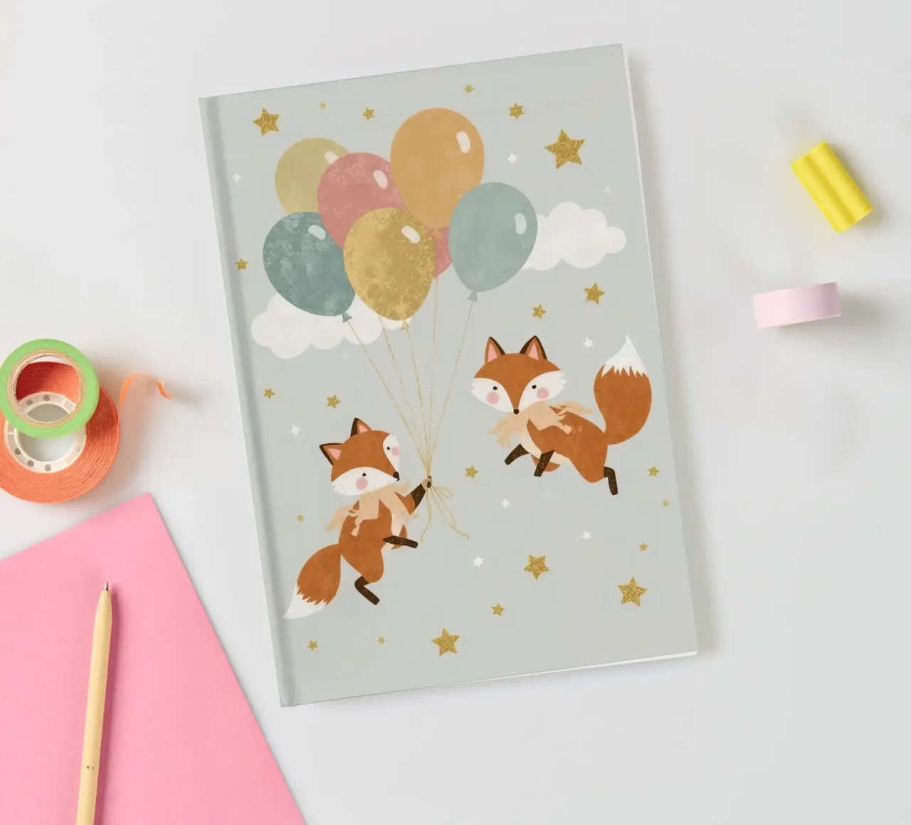 Cute Two Foxes Playing with Balloons in the skies notebook by DesignDoodle
