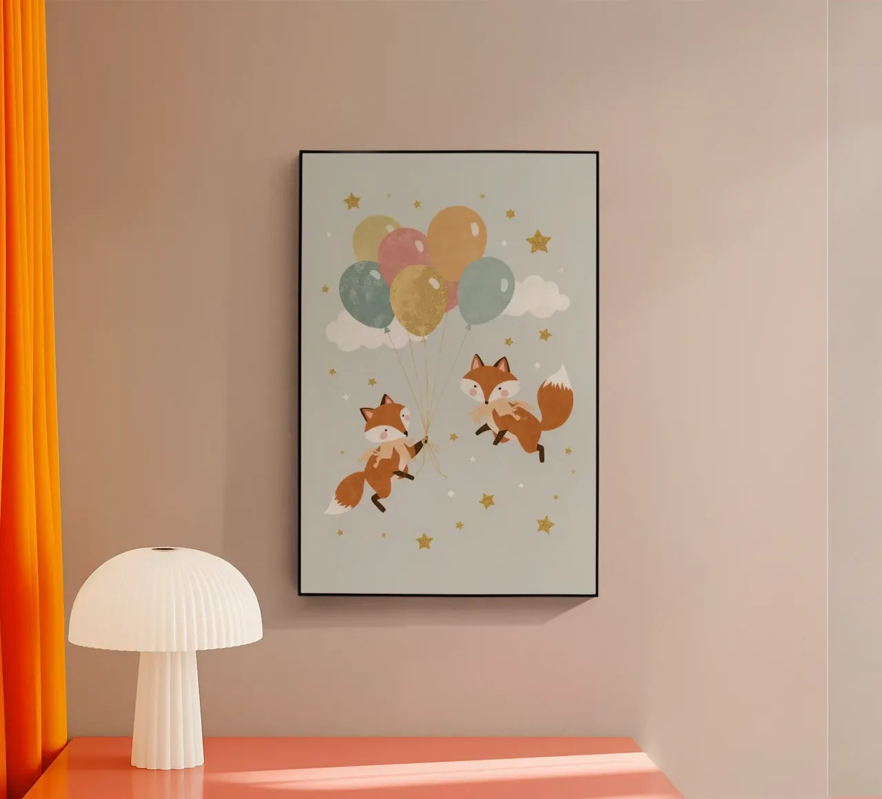Due simpatiche volpi che giocano con i palloncini nel cielo plexiglass da DesignDoodle
