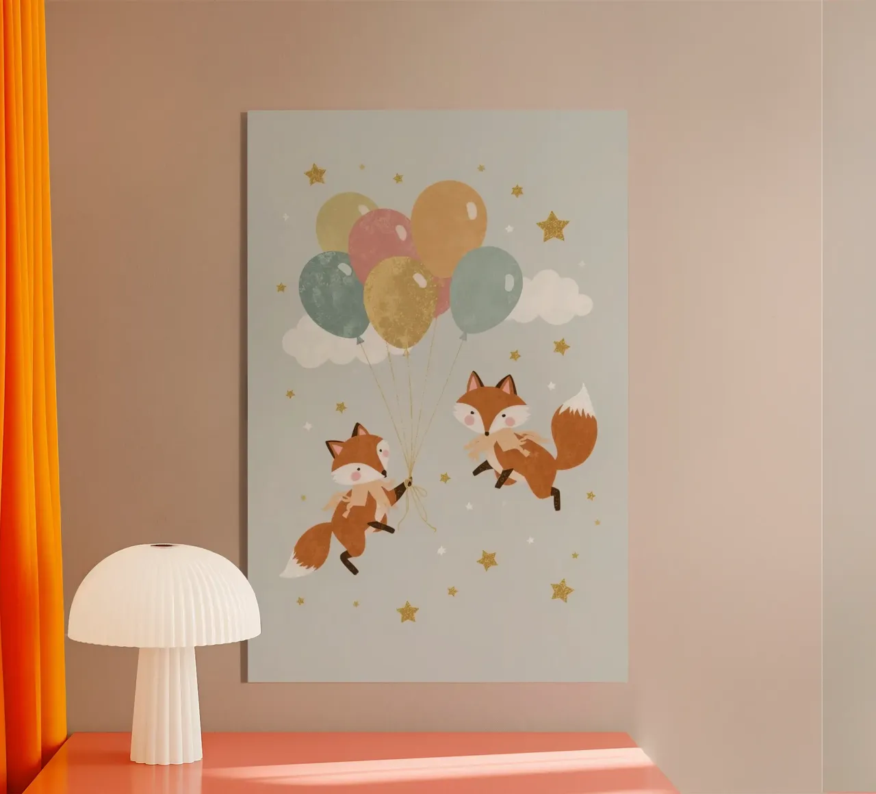 Due simpatiche volpi che giocano con i palloncini nel cielo plexiglass da DesignDoodle