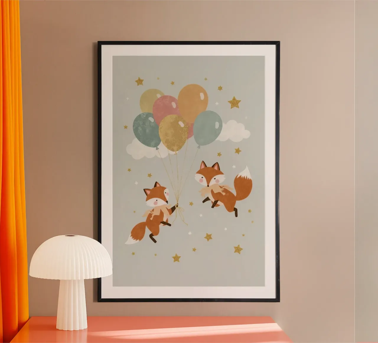 Due simpatiche volpi che giocano con i palloncini nel cielo carta hahnemühle da DesignDoodle