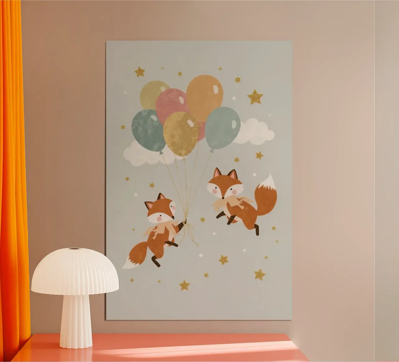 Due simpatiche volpi che giocano con i palloncini nel cielo carta hahnemühle da DesignDoodle