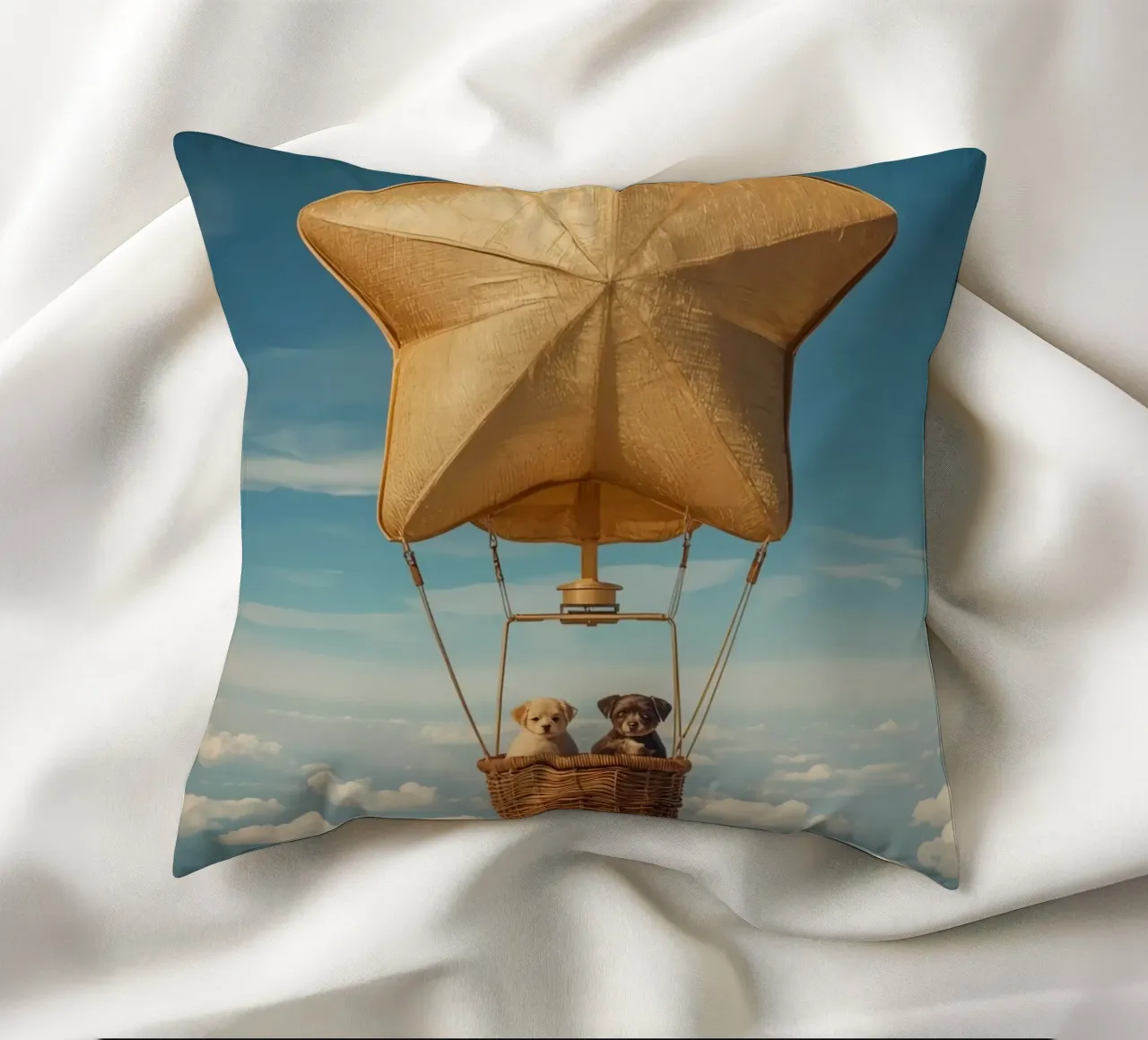 Due cuccioli in un cesto di palloncini a forma di stella cuscino da DesignDoodle