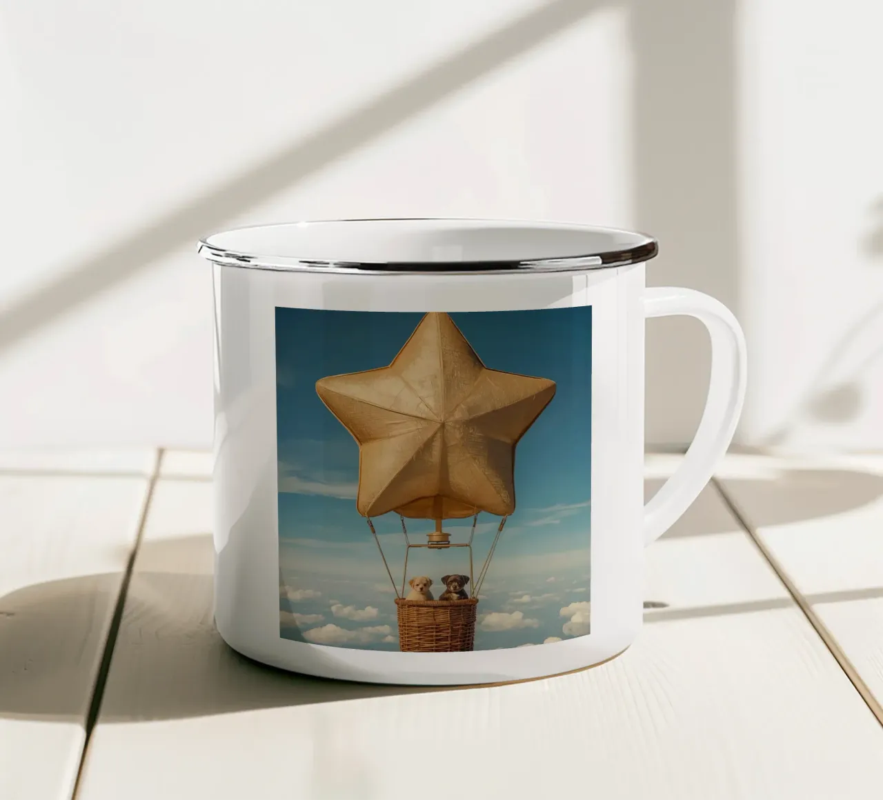 Due cuccioli in un cesto di palloncini a forma di stella tazza in smalto da DesignDoodle