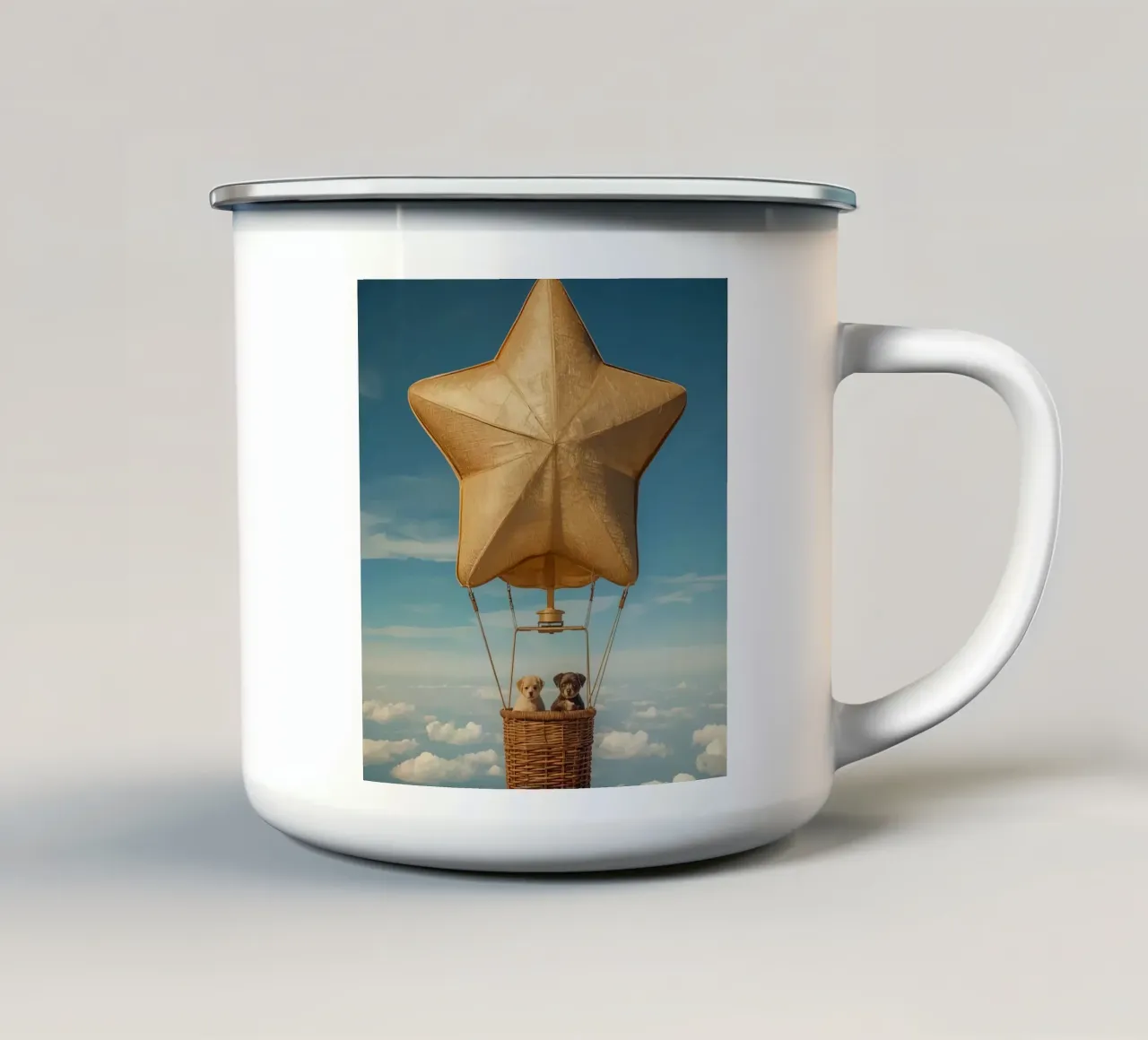 Due cuccioli in un cesto di palloncini a forma di stella tazza in smalto da DesignDoodle