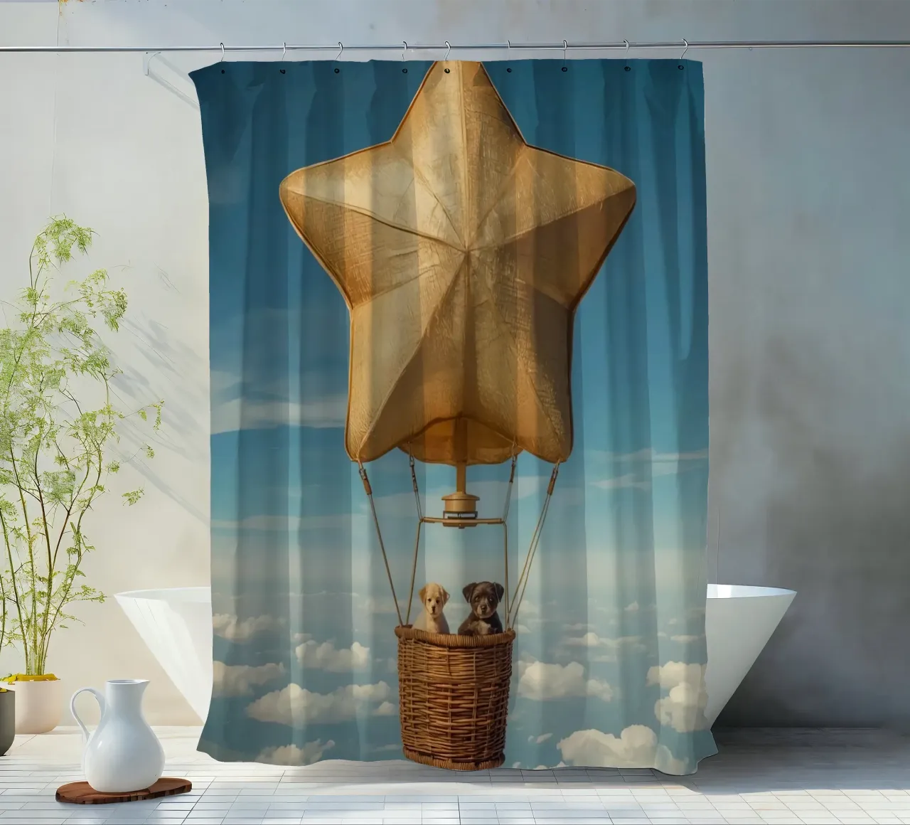 Due cuccioli in un cesto di palloncini a forma di stella tenda da doccia da DesignDoodle