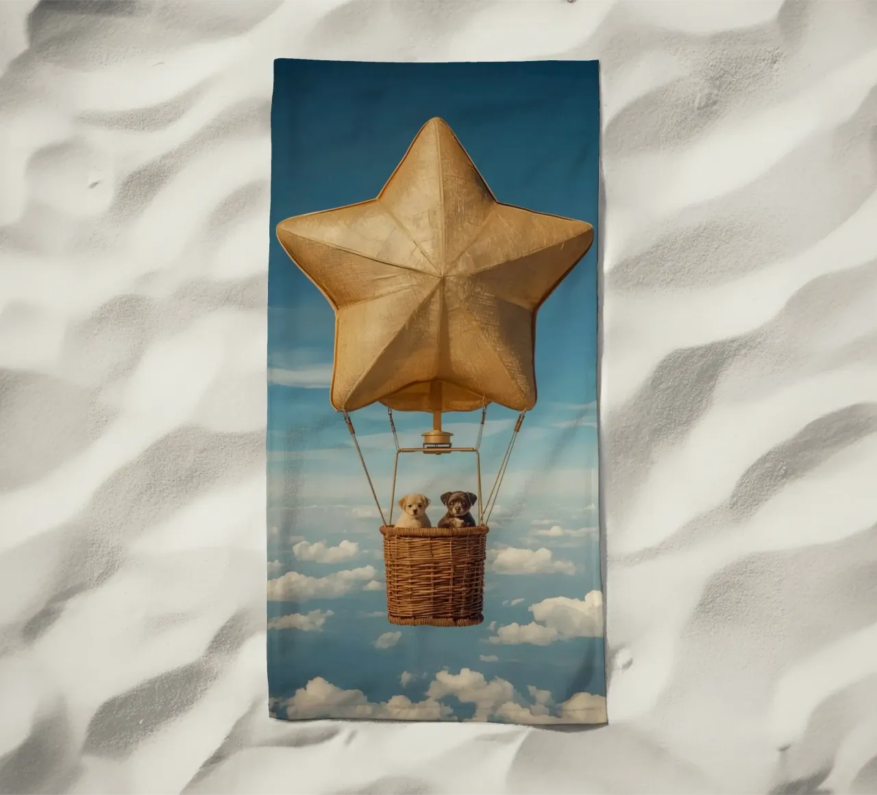 Due cuccioli in un cesto di palloncini a forma di stella telo mare da DesignDoodle
