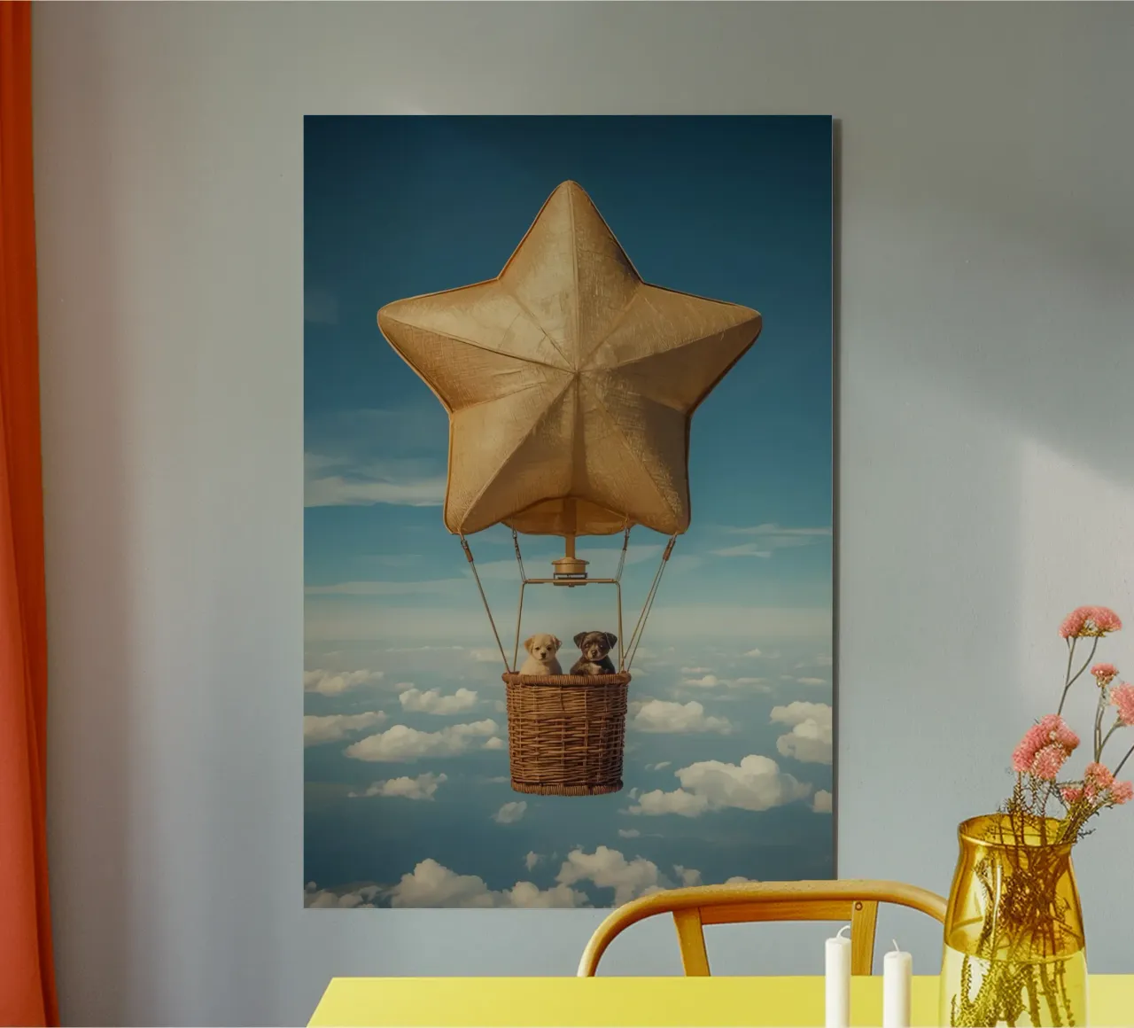 Due cuccioli in un cesto di palloncini a forma di stella alluminio dibond da DesignDoodle
