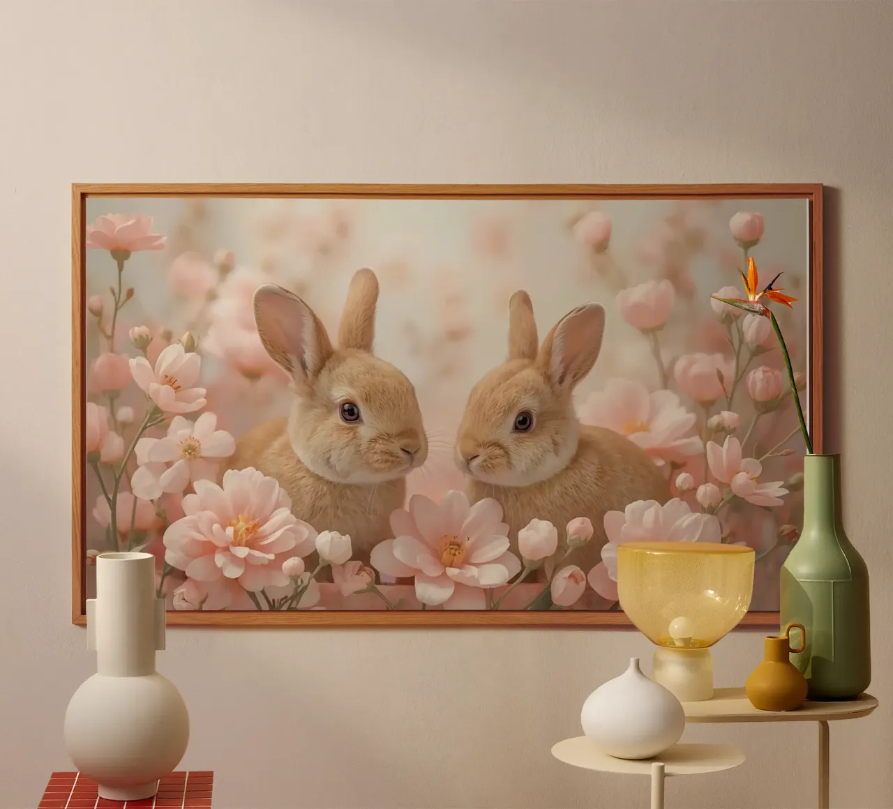 Carino Due conigli in fiori rosa pannello forex da DesignDoodle