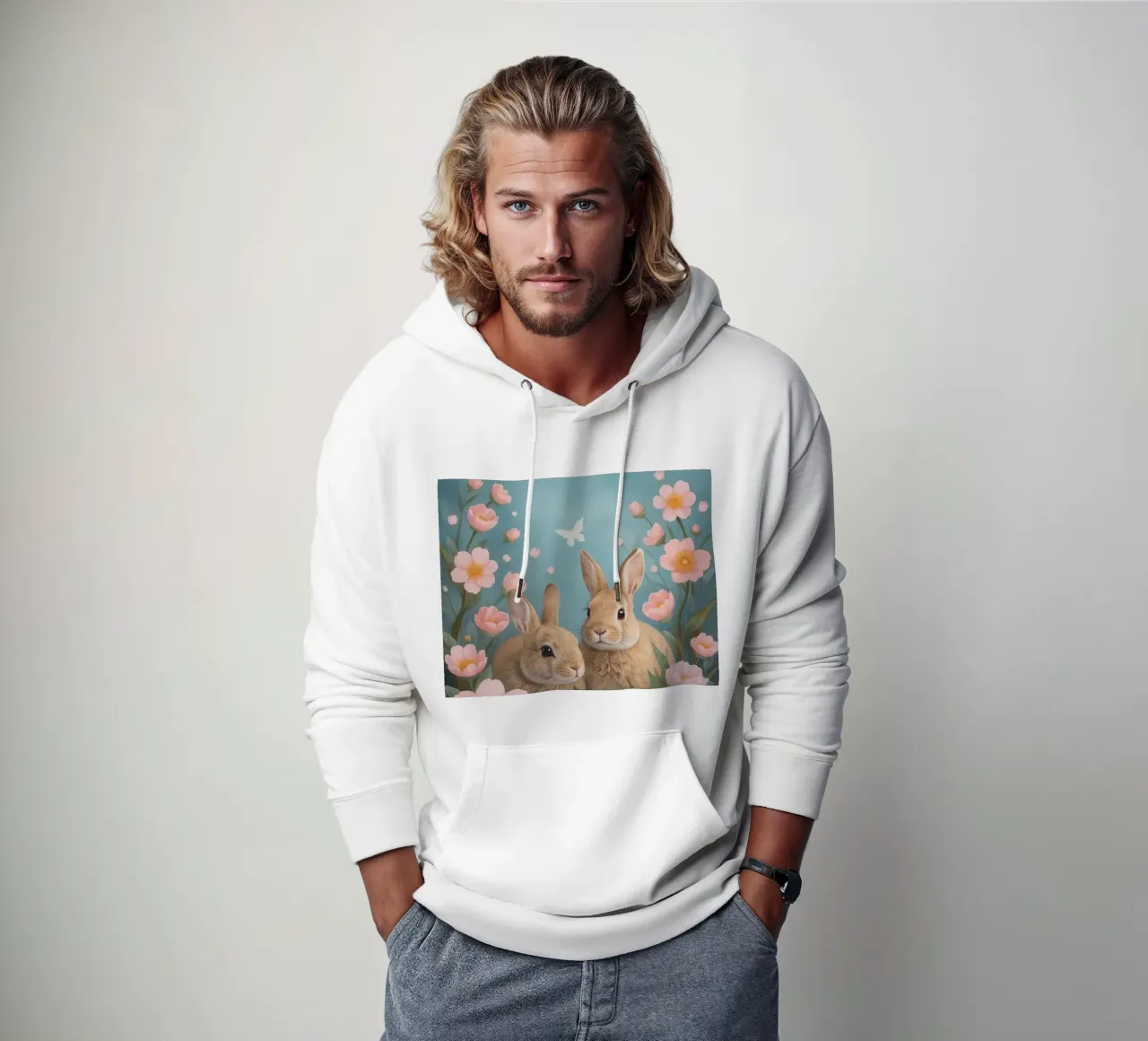 Niedliche glückliche zwei Kaninchen mit rosa Blumen und Schmetterlingen Hoodie von DesignDoodle