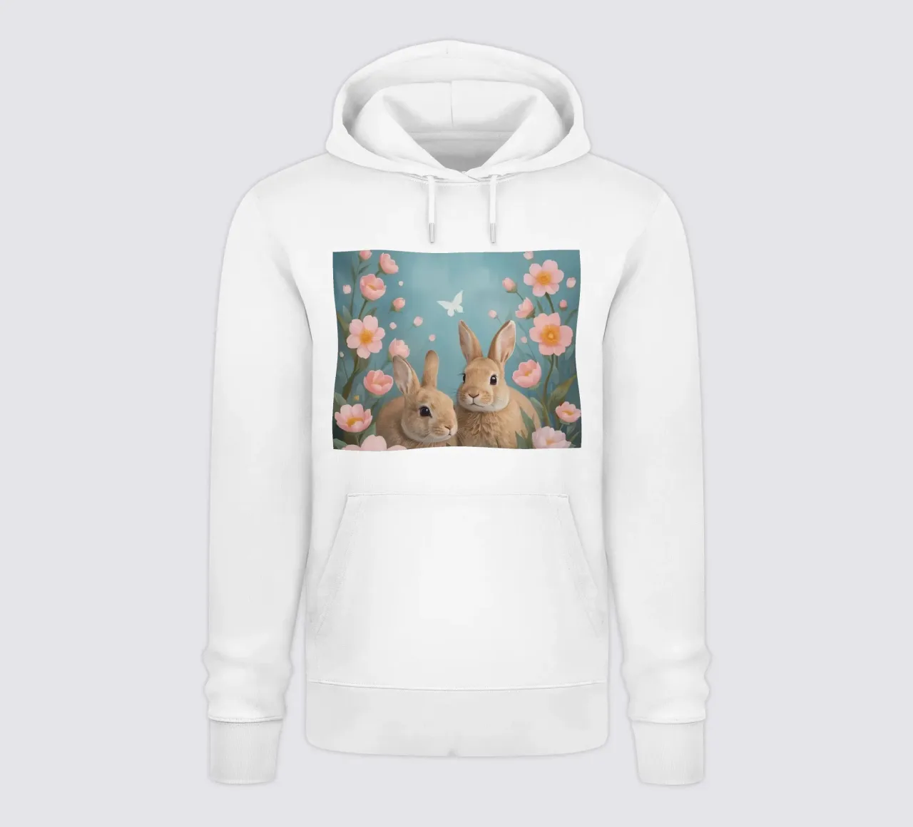 Niedliche glückliche zwei Kaninchen mit rosa Blumen und Schmetterlingen Hoodie von DesignDoodle
