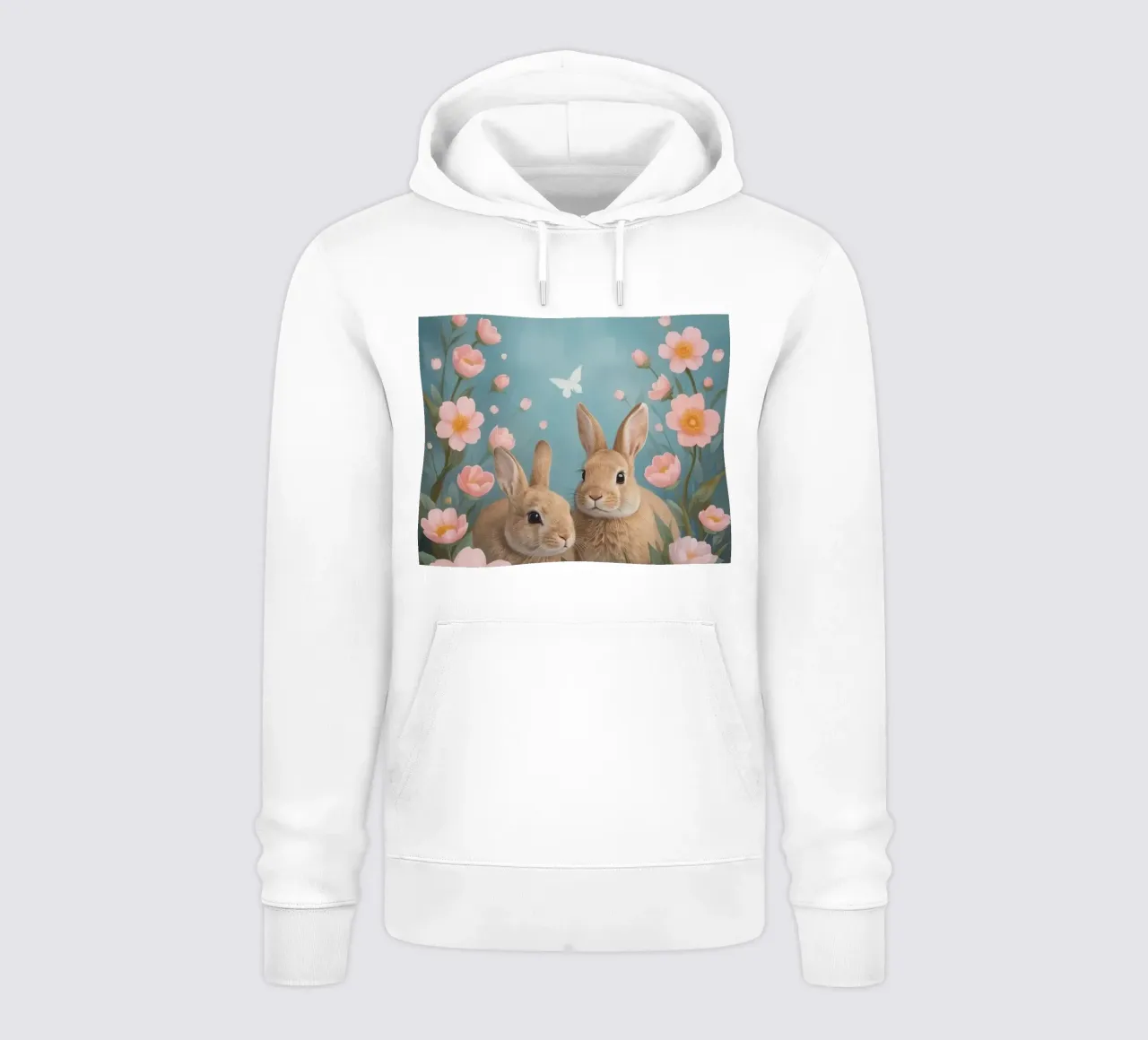 Carini due conigli felici con fiori rosa e farfalle felpa con cappuccio da DesignDoodle
