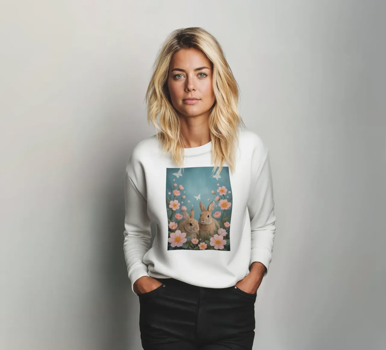 Dos lindos conejos felices con flores rosas y mariposas sudadera de DesignDoodle