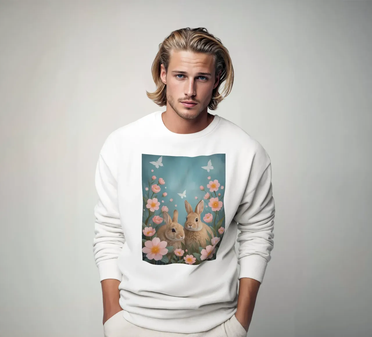 Dos lindos conejos felices con flores rosas y mariposas sudadera de DesignDoodle