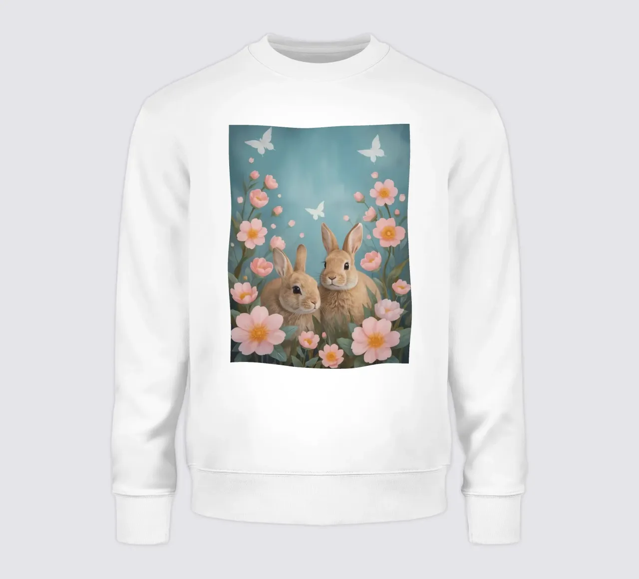 Dos lindos conejos felices con flores rosas y mariposas sudadera de DesignDoodle