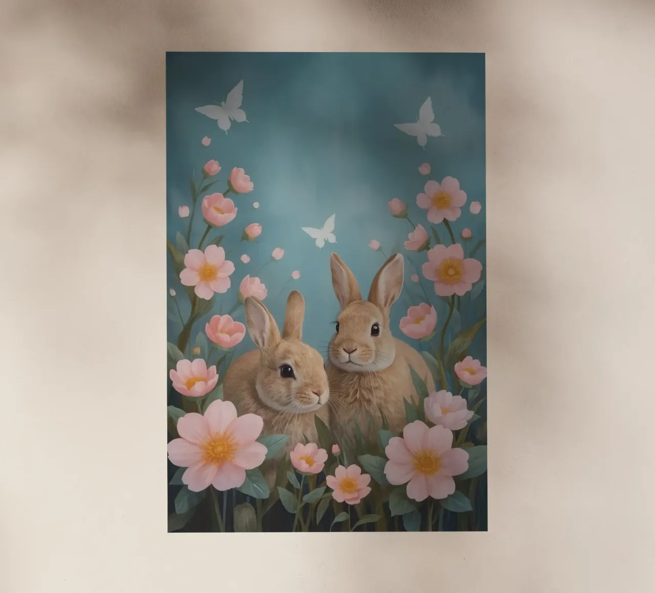 Carini due conigli felici con fiori rosa e farfalle pellicola backlit da DesignDoodle