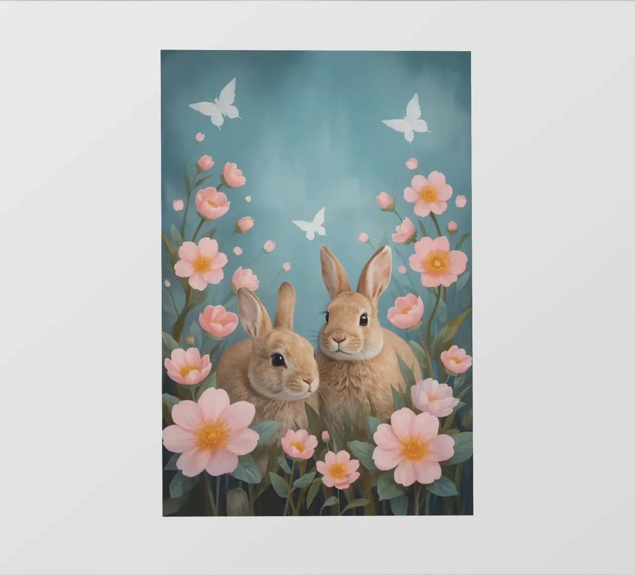 Carini due conigli felici con fiori rosa e farfalle pellicola backlit da DesignDoodle