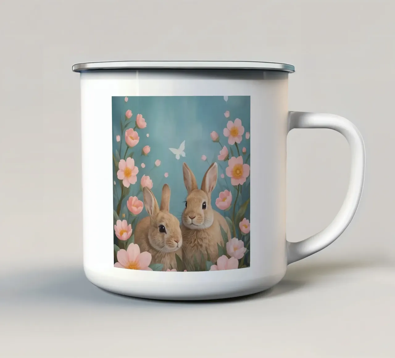Carini due conigli felici con fiori rosa e farfalle tazza in smalto da DesignDoodle