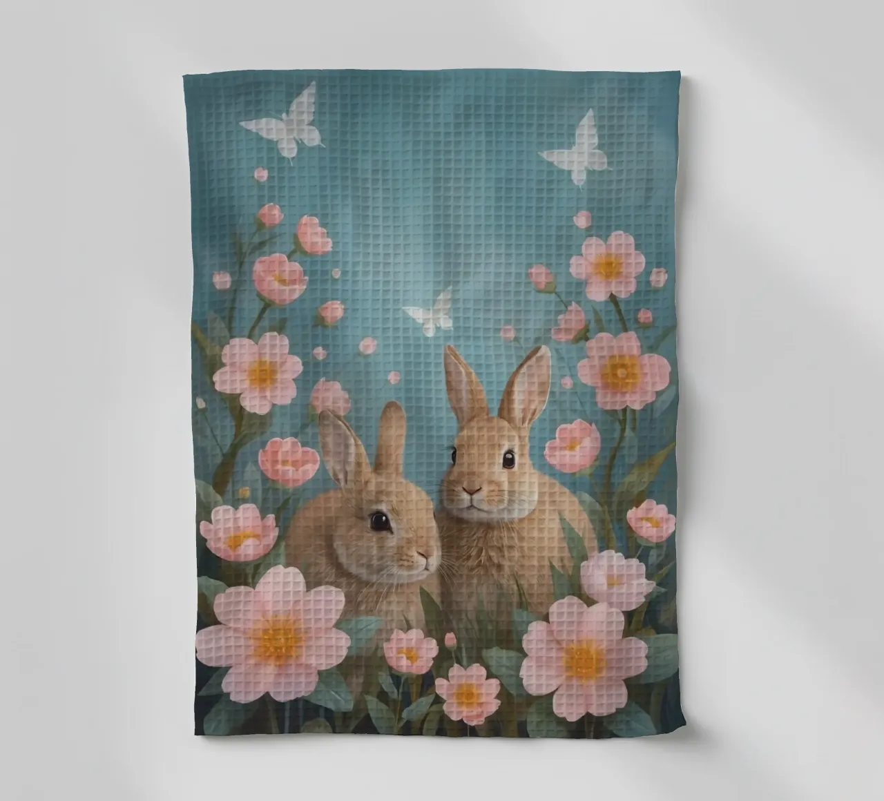 Niedliche glückliche zwei Kaninchen mit rosa Blumen und Schmetterlingen Geschirrtuch von DesignDoodle