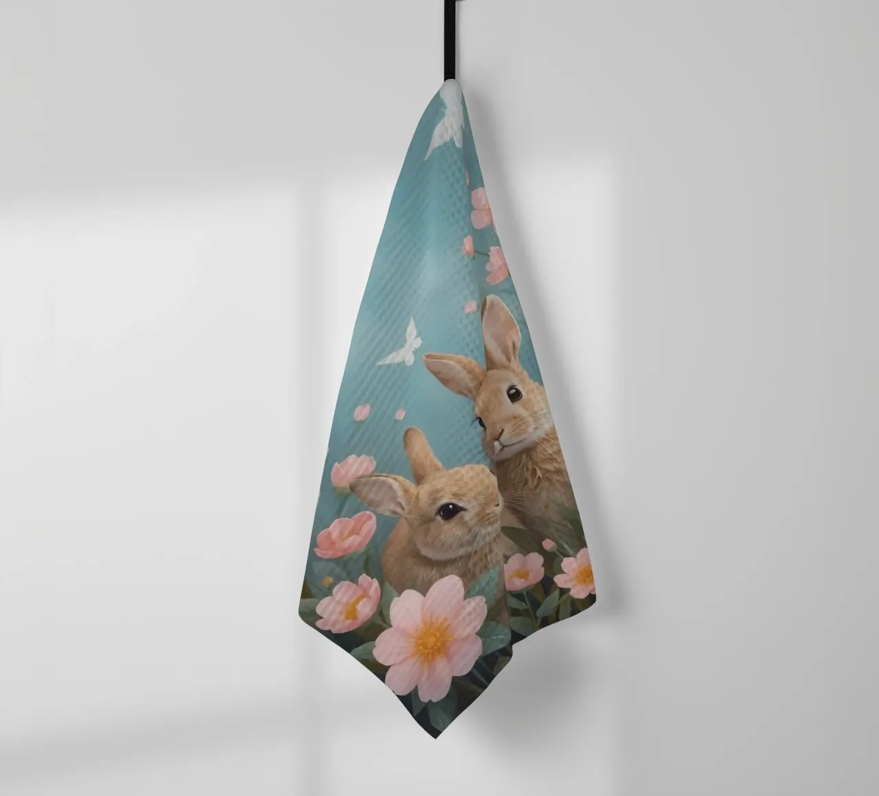 Niedliche glückliche zwei Kaninchen mit rosa Blumen und Schmetterlingen Geschirrtuch von DesignDoodle