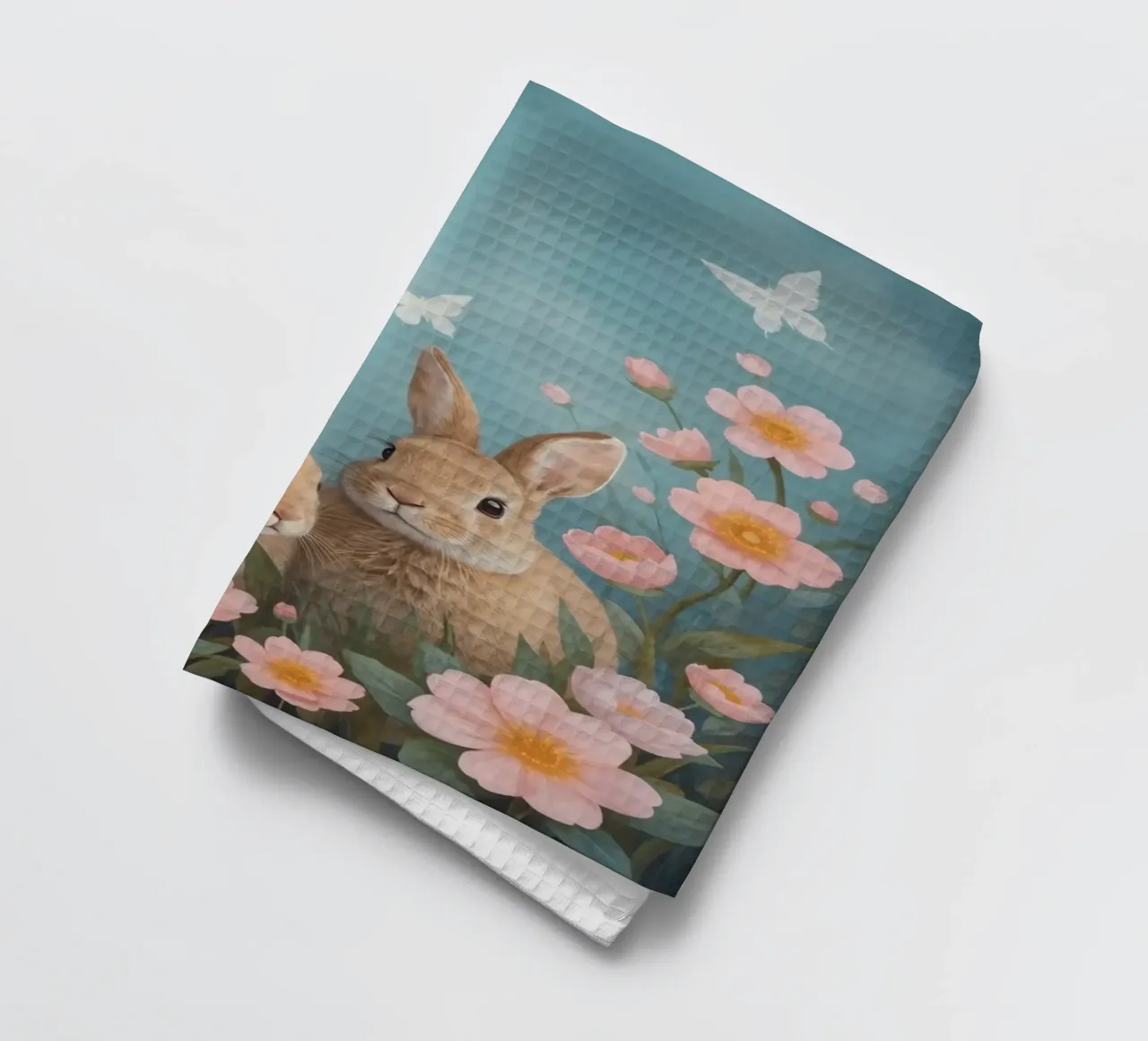 Niedliche glückliche zwei Kaninchen mit rosa Blumen und Schmetterlingen Geschirrtuch von DesignDoodle
