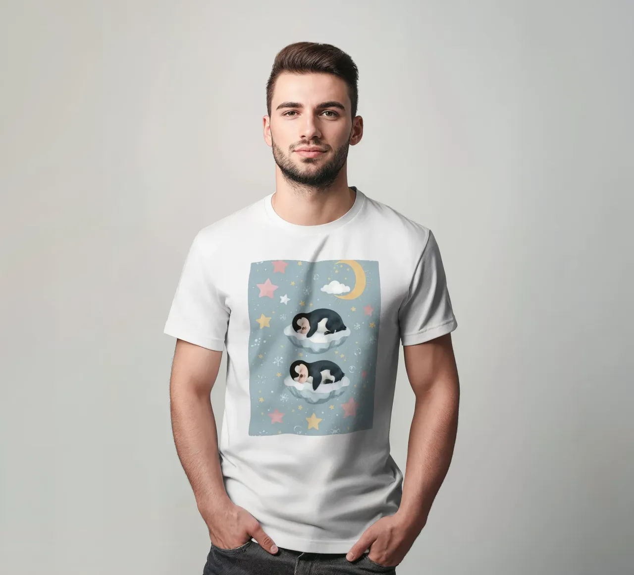 Due simpatici pinguini addormentati con elementi celestiali t-shirt da DesignDoodle