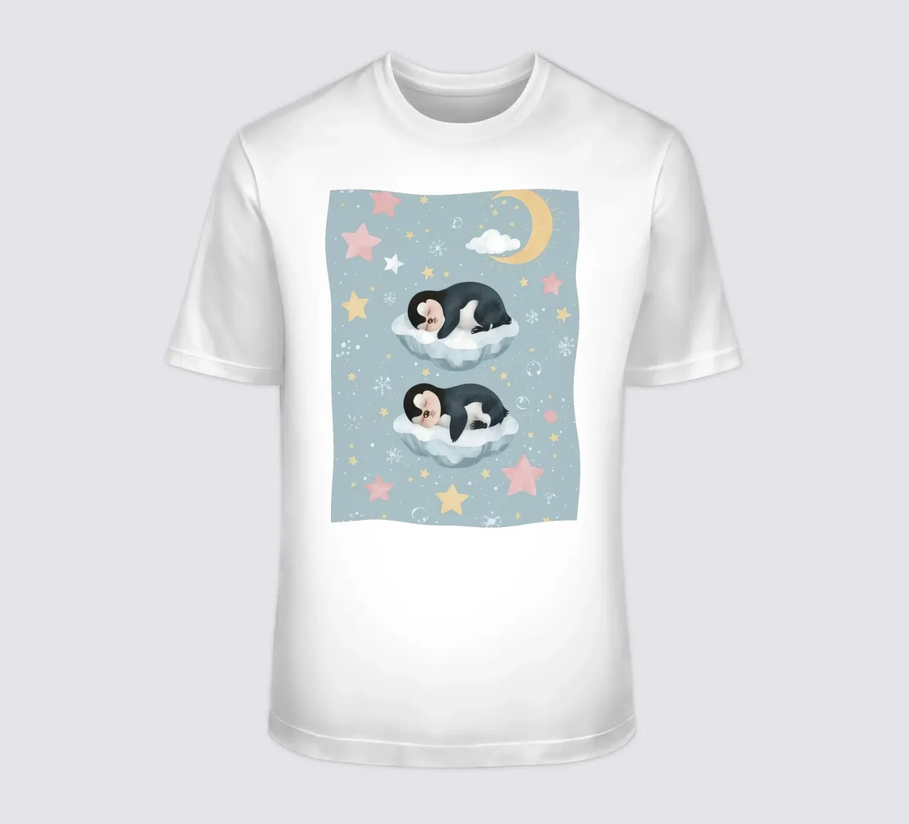 Due simpatici pinguini addormentati con elementi celestiali t-shirt da DesignDoodle