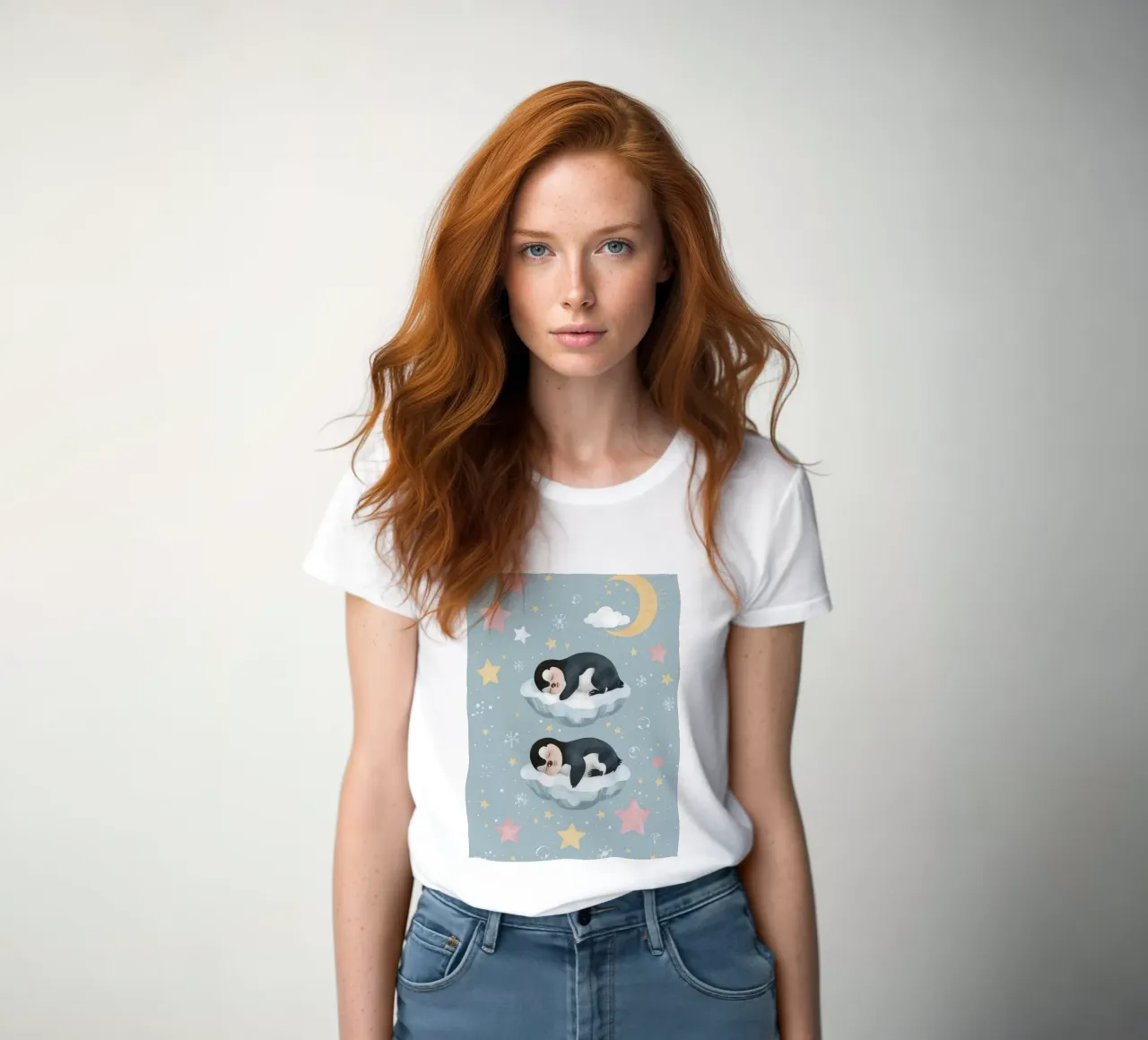 Due simpatici pinguini addormentati con elementi celestiali t-shirt da donna da DesignDoodle