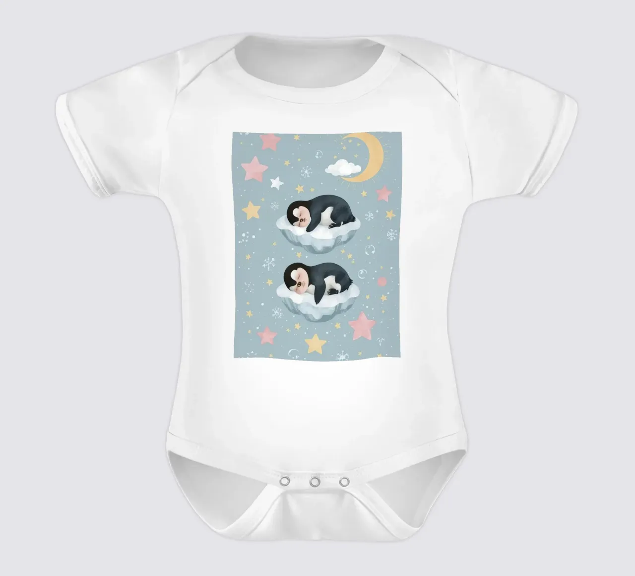 Due simpatici pinguini addormentati con elementi celestiali body neonato maniche corte da DesignDoodle