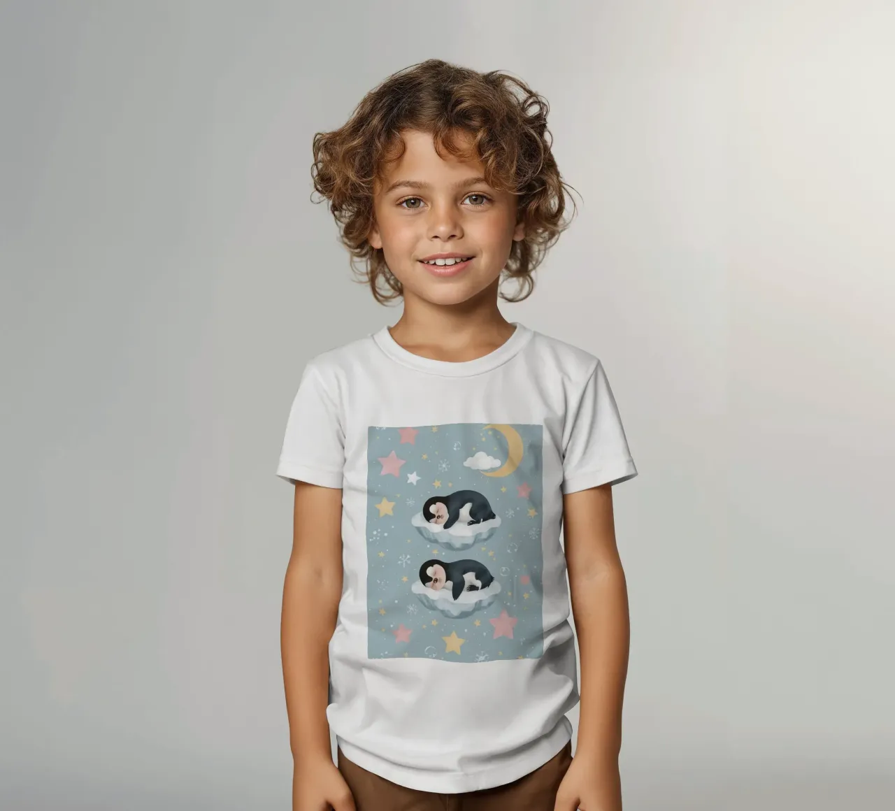 Due simpatici pinguini addormentati con elementi celestiali t-shirt bambini da DesignDoodle
