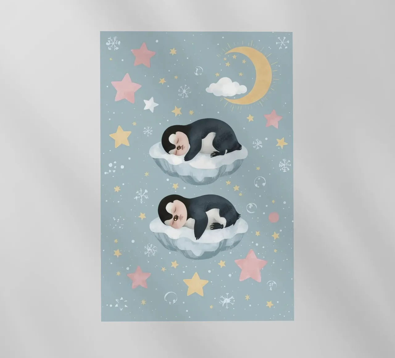 Due simpatici pinguini addormentati con elementi celestiali pellicola backlit da DesignDoodle