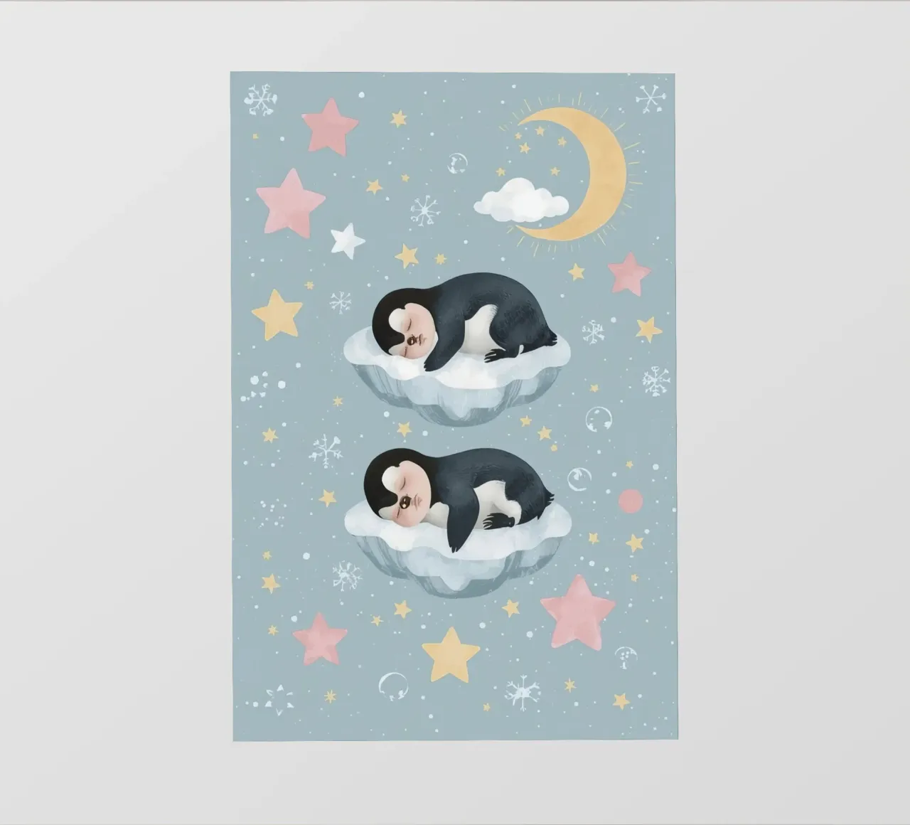Due simpatici pinguini addormentati con elementi celestiali pellicola backlit da DesignDoodle