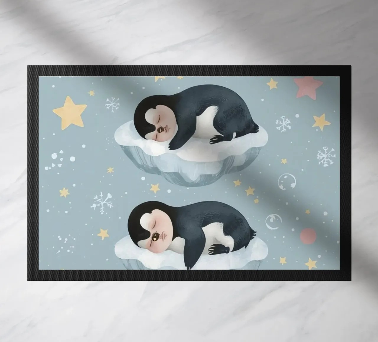 Due simpatici pinguini addormentati con elementi celestiali zerbino da DesignDoodle