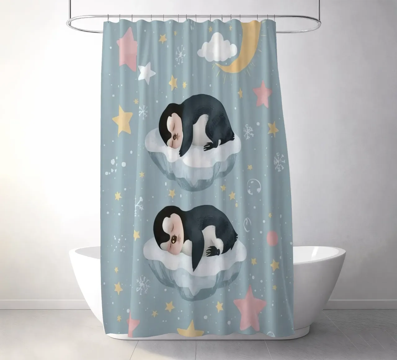 Due simpatici pinguini addormentati con elementi celestiali tenda da doccia da DesignDoodle